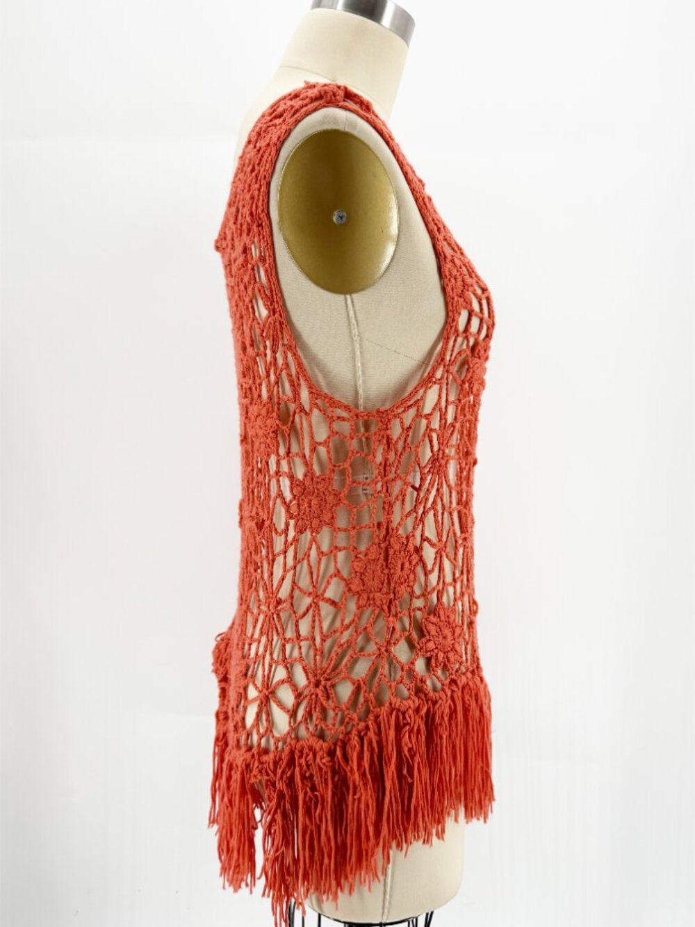 Y2K Lisa International rustic orange fringe knit crochet boho tank top M - Picture 4 of 9